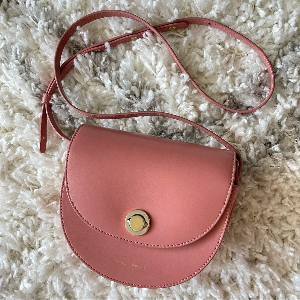 Mansur Gavriel mini half moon saddle purse in blush pink calf leather